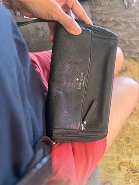 kate spade Black Pebbled Leather Wristlet with Gold Logo